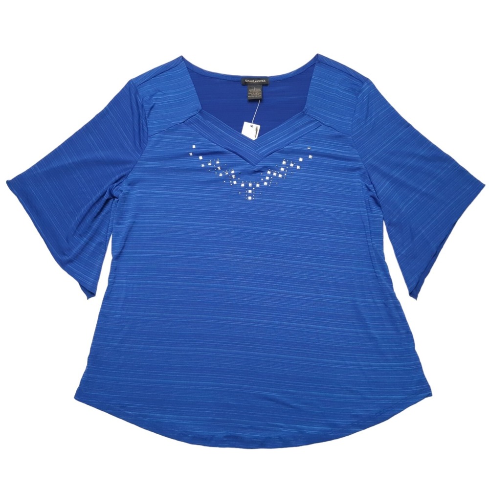 Susan Lawrence Top Womens Large Royal Blue Rhinestone‎ V Neck Bell Sleeve New